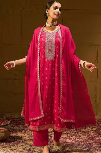 Women Ethnic Motifs Embroidered Kurta with Trousers & With Dupatta