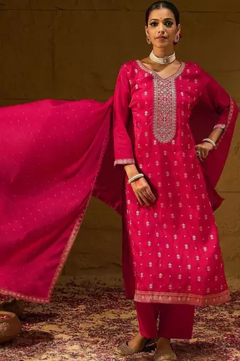 Women Ethnic Motifs Embroidered Kurta with Trousers & With Dupatta