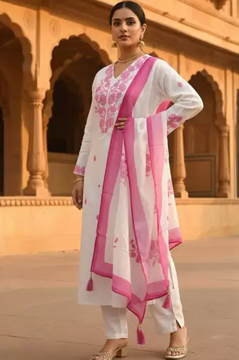 Women Floral Embroidered Thread Work Kurta with Trousers & Dupatta