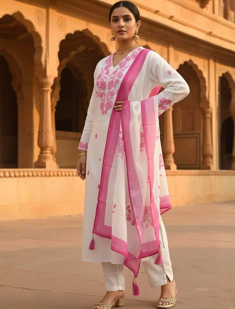 Women Floral Embroidered Thread Work Kurta with Trousers & Dupatta
