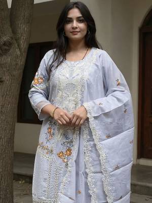 Floral Embroidered Thread Work Cotton Kurta With Trousers & Dupatta 2