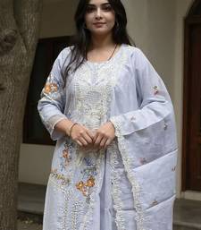 Floral Embroidered Thread Work Cotton Kurta With Trousers & Dupatta
