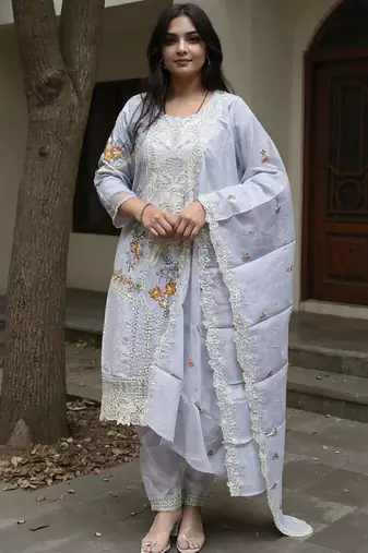 Floral Embroidered Thread Work Cotton Kurta With Trousers & Dupatta