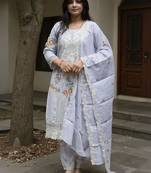 Floral Embroidered Thread Work Cotton Kurta With Trousers & Dupatta