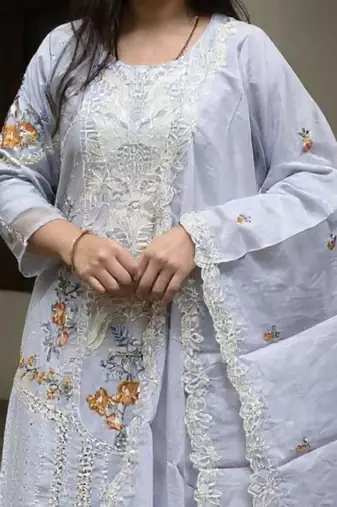 Floral Embroidered Thread Work Cotton Kurta With Trousers & Dupatta