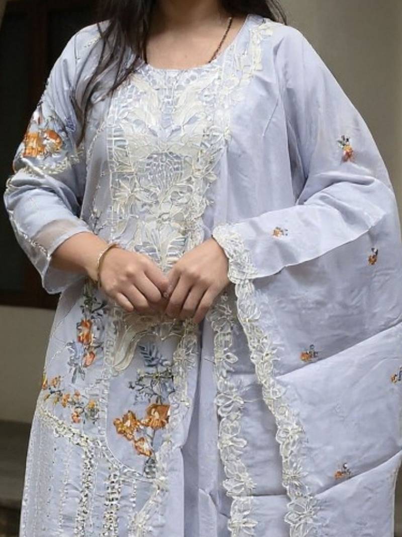 Floral Embroidered Thread Work Cotton Kurta With Trousers & Dupatta
