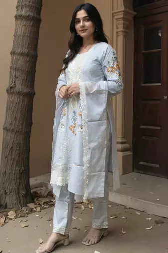 Floral Embroidered Thread Work Cotton Kurta With Trousers & Dupatta