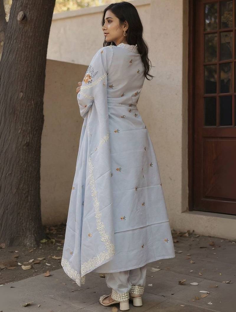 Floral Embroidered Thread Work Cotton Kurta With Trousers & Dupatta