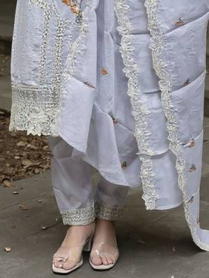 Floral Embroidered Thread Work Cotton Kurta With Trousers & Dupatta 6