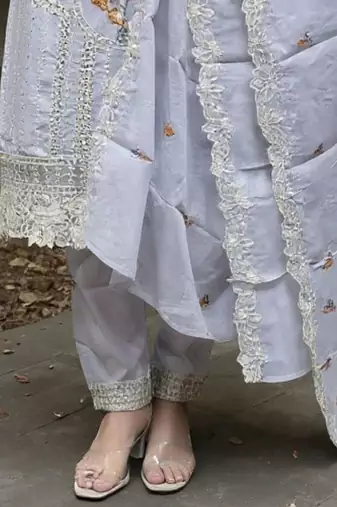Floral Embroidered Thread Work Cotton Kurta With Trousers & Dupatta
