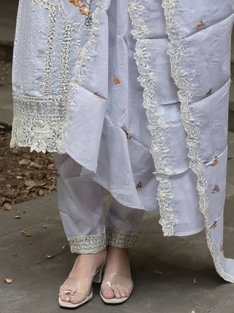 Floral Embroidered Thread Work Cotton Kurta With Trousers & Dupatta