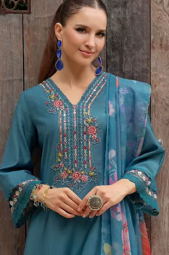 Women Floral Embroidered Mirror Work Kurta with Trousers & Dupatta