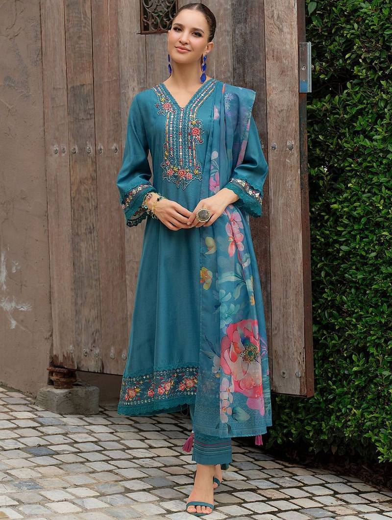 Women Floral Embroidered Mirror Work Kurta with Trousers & Dupatta