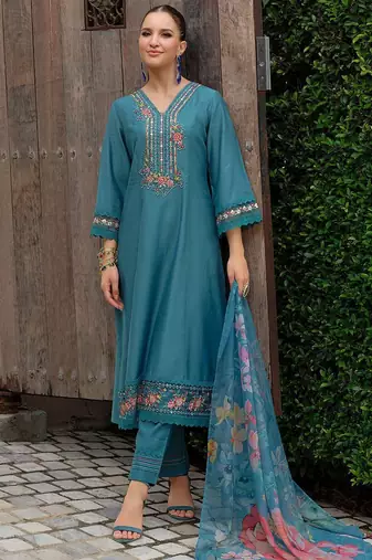 Women Floral Embroidered Mirror Work Kurta with Trousers & Dupatta