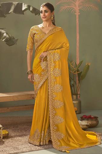 Mustard bamber silk gota patti embroidery work saree with blouse