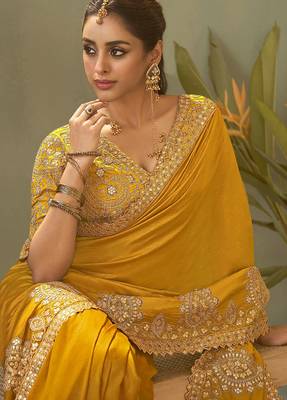 Mustard bamber silk gota patti embroidery work saree with blouse 2