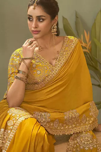 Mustard bamber silk gota patti embroidery work saree with blouse