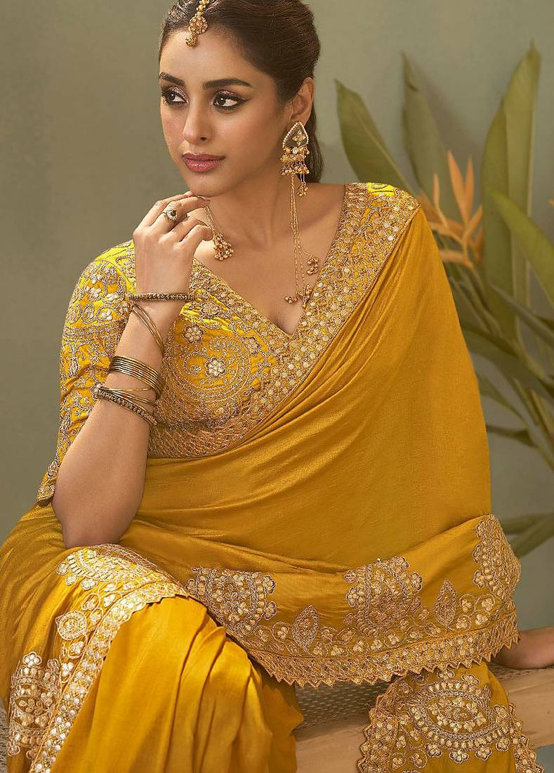 Mustard bamber silk gota patti embroidery work saree with blouse