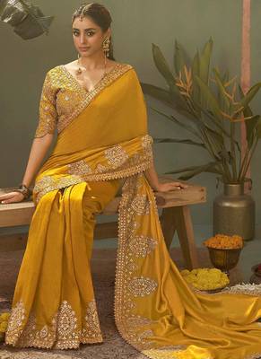 Mustard bamber silk gota patti embroidery work saree with blouse 3