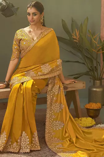 Mustard bamber silk gota patti embroidery work saree with blouse