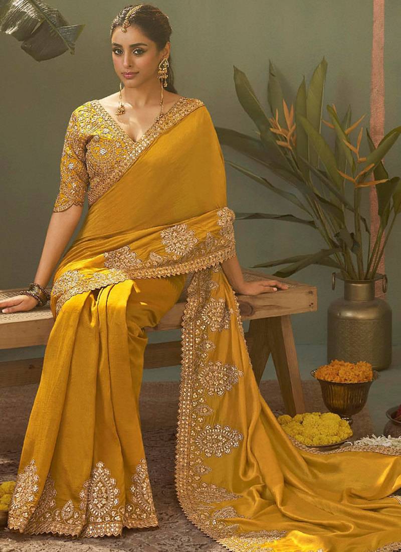 Mustard bamber silk gota patti embroidery work saree with blouse