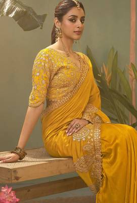 Mustard bamber silk gota patti embroidery work saree with blouse 4