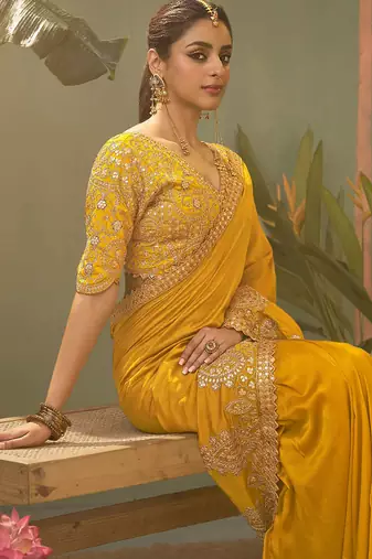 Mustard bamber silk gota patti embroidery work saree with blouse