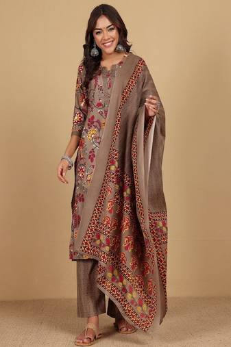 Floral printed cotton round neck kurta trouser & dupatta set