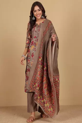 Floral printed cotton round neck kurta trouser & dupatta set