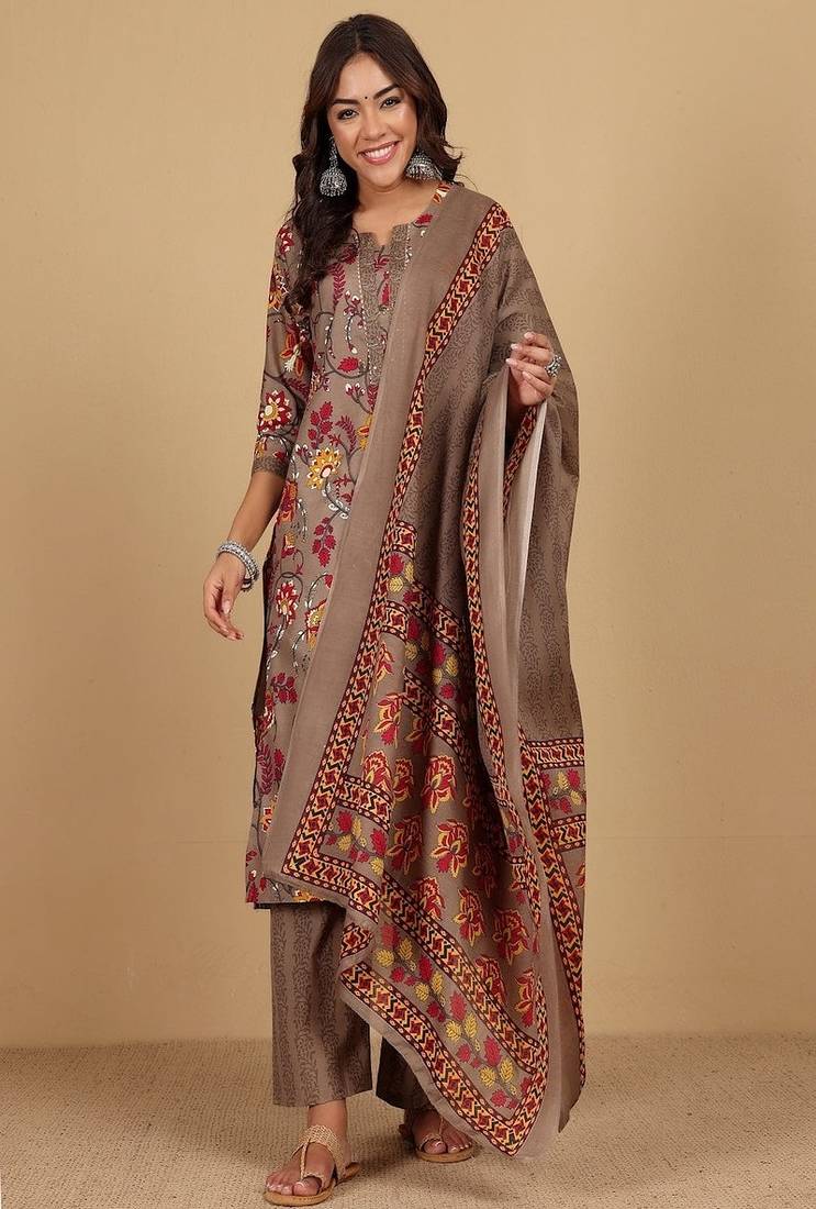 Floral printed cotton round neck kurta trouser & dupatta set