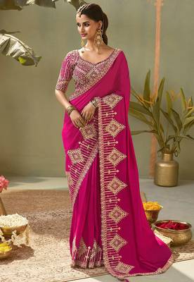 Rani pink bamber silk gota patti embroidery work saree with blouse 1