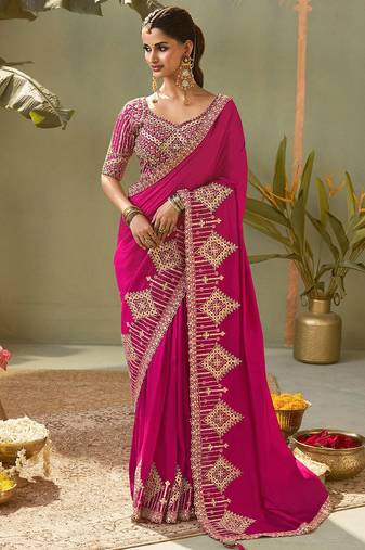 Rani pink bamber silk gota patti embroidery work saree with blouse