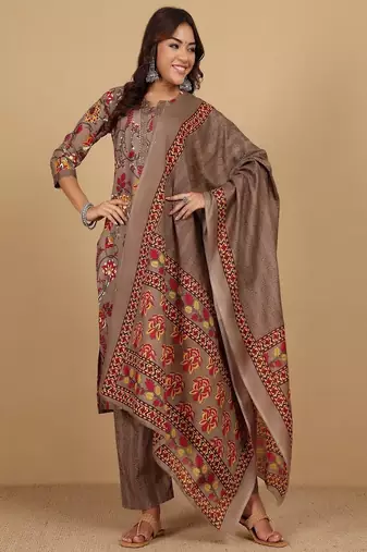 Floral printed cotton round neck kurta trouser & dupatta set
