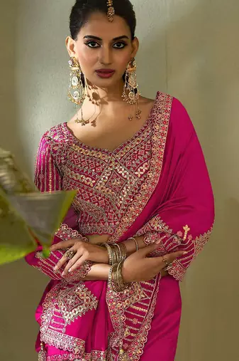 Rani pink bamber silk gota patti embroidery work saree with blouse