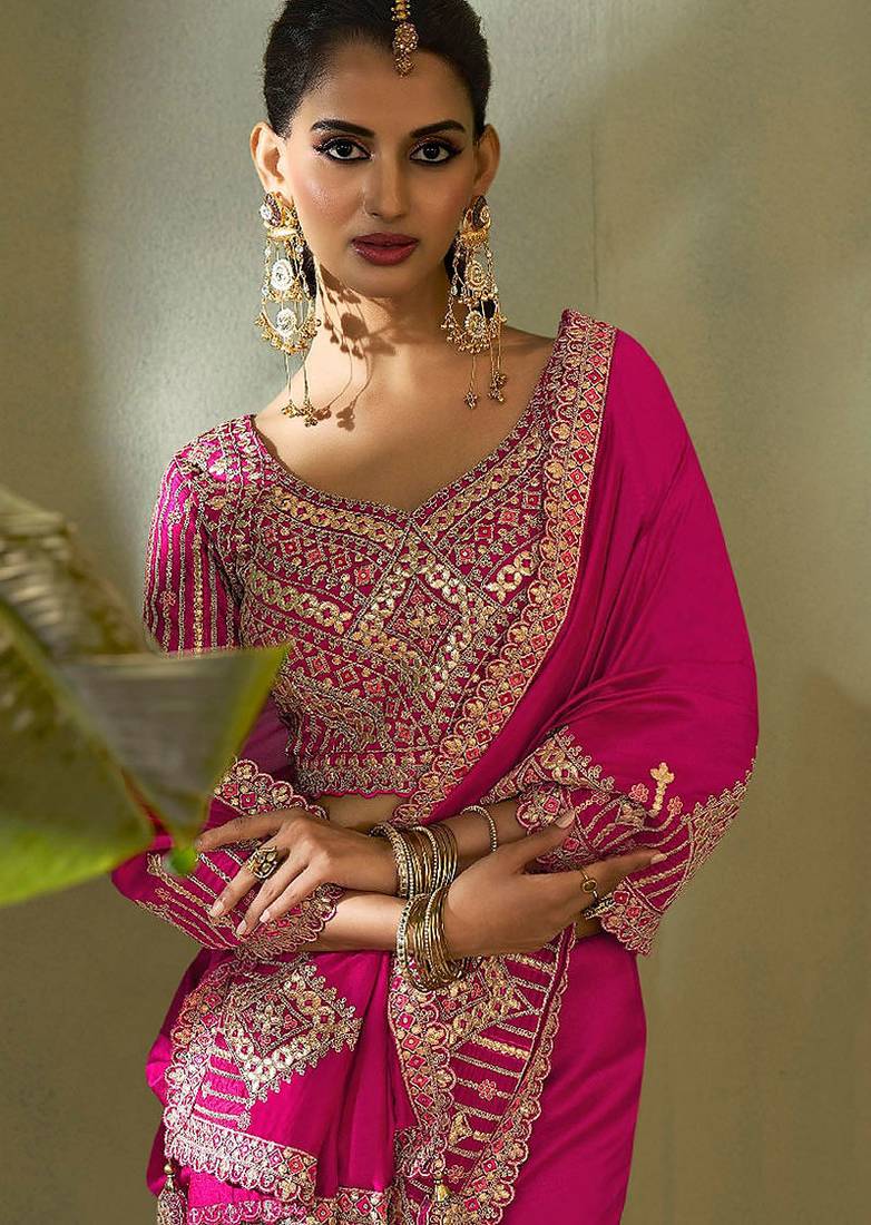 Rani pink bamber silk gota patti embroidery work saree with blouse