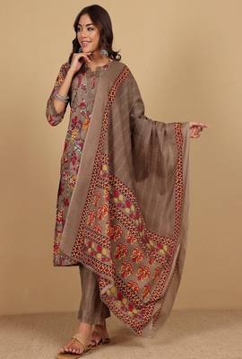 Floral printed cotton round neck kurta trouser & dupatta set 3