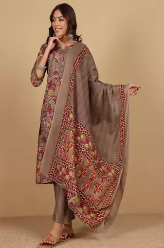 Floral printed cotton round neck kurta trouser & dupatta set