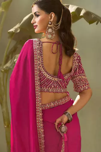 Rani pink bamber silk gota patti embroidery work saree with blouse