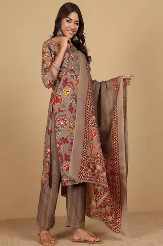 Floral printed cotton round neck kurta trouser & dupatta set