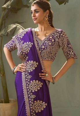 Violet bamber silk gota patti embroidery work saree with blouse 2