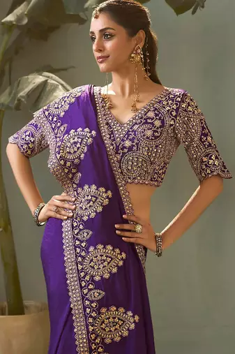 Violet bamber silk gota patti embroidery work saree with blouse