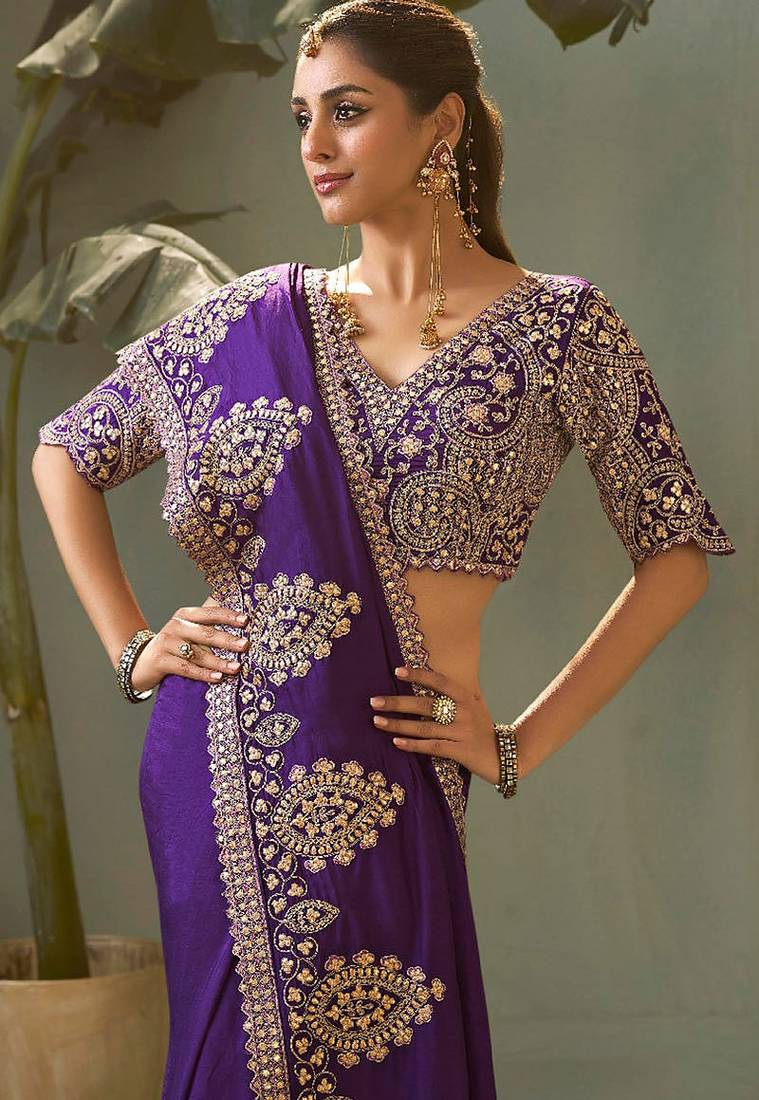 Violet bamber silk gota patti embroidery work saree with blouse