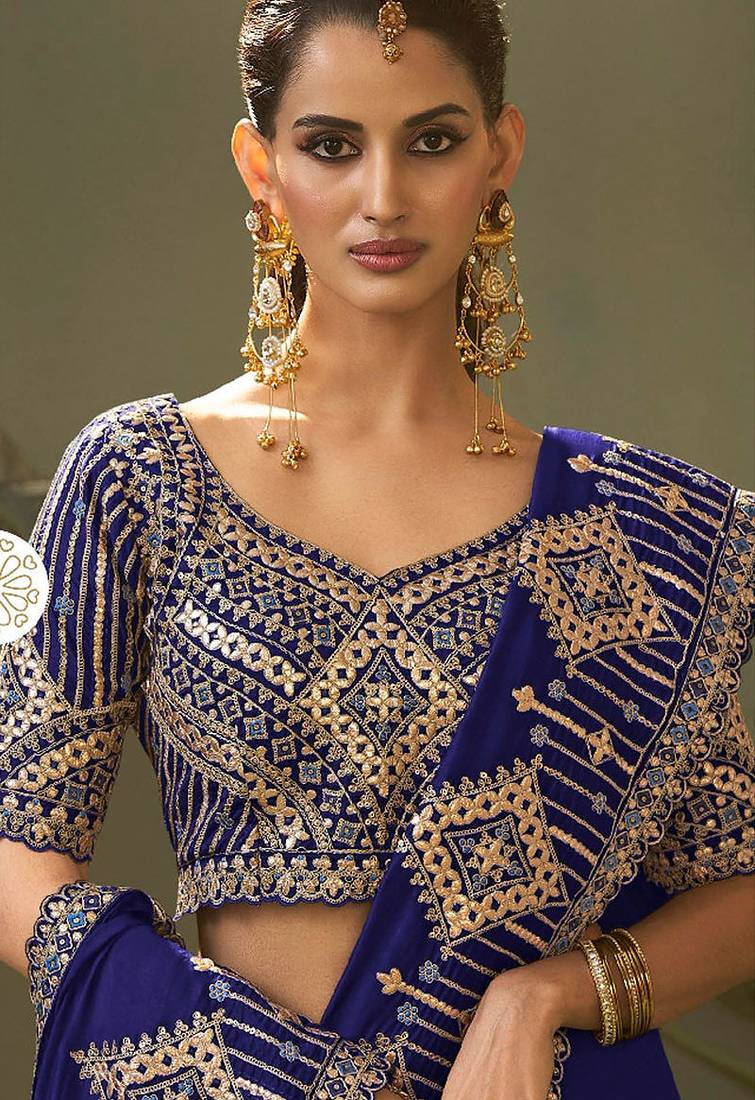 Blue bamber silk gota patti embroidery work saree with blouse