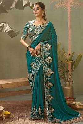 Teal bamber silk gota patti embroidery work saree with blouse 1