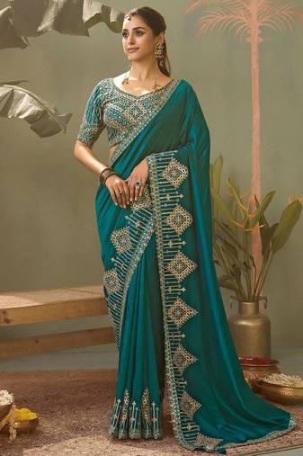 Teal bamber silk gota patti embroidery work saree with blouse