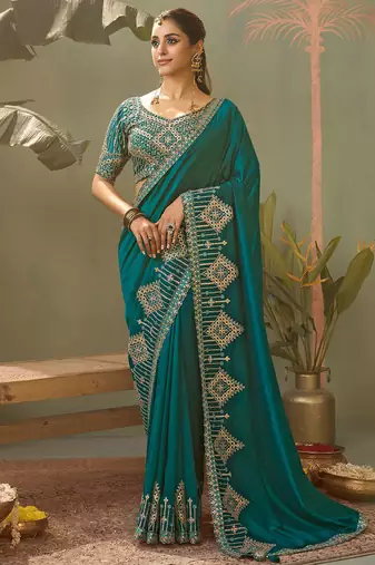 Teal bamber silk gota patti embroidery work saree with blouse