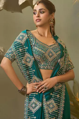 Teal bamber silk gota patti embroidery work saree with blouse