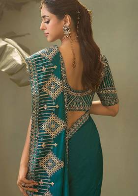 Teal bamber silk gota patti embroidery work saree with blouse 3
