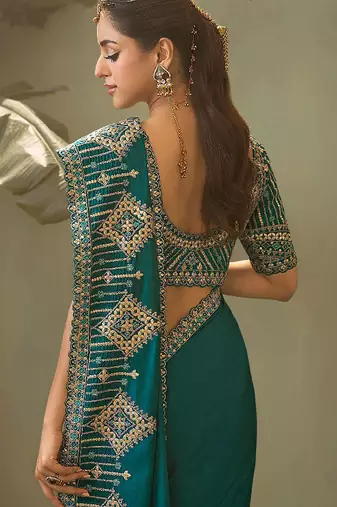 Teal bamber silk gota patti embroidery work saree with blouse