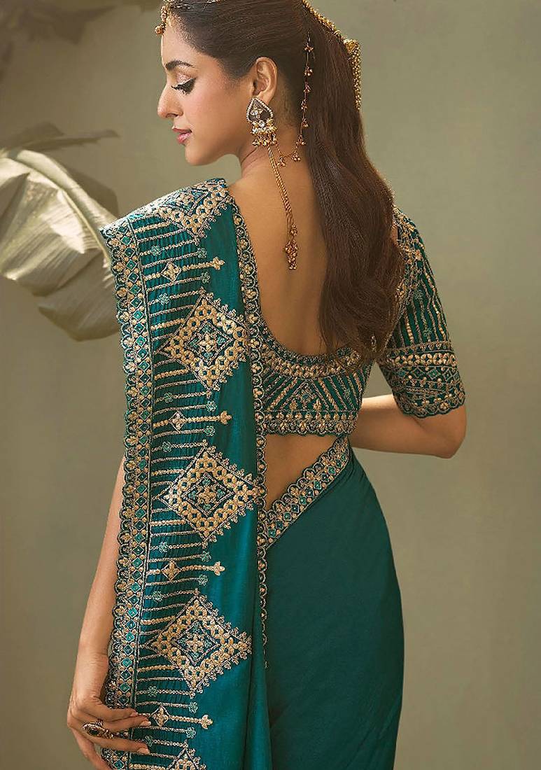 Teal bamber silk gota patti embroidery work saree with blouse